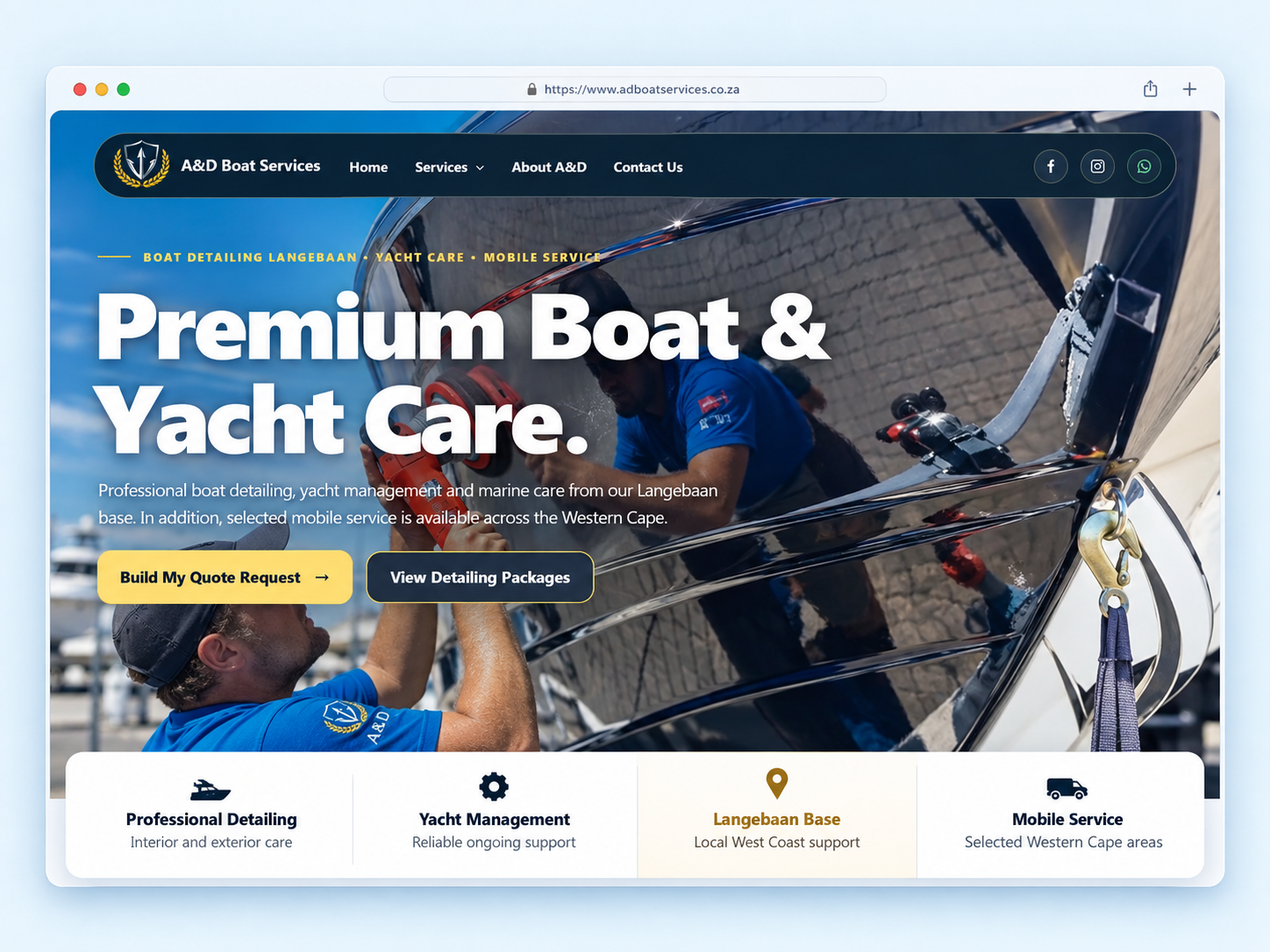 A and D Boat Services website showing premium boat and yacht care services.