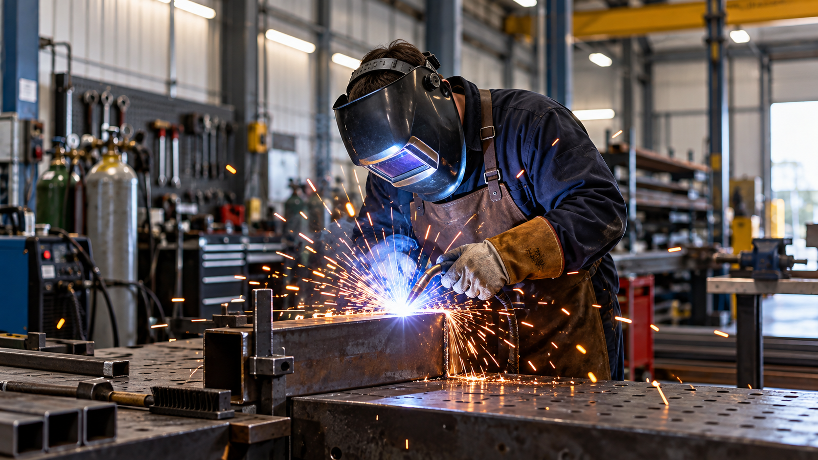 Industrial welder fabricating steel components inside a modern manufacturing workshop