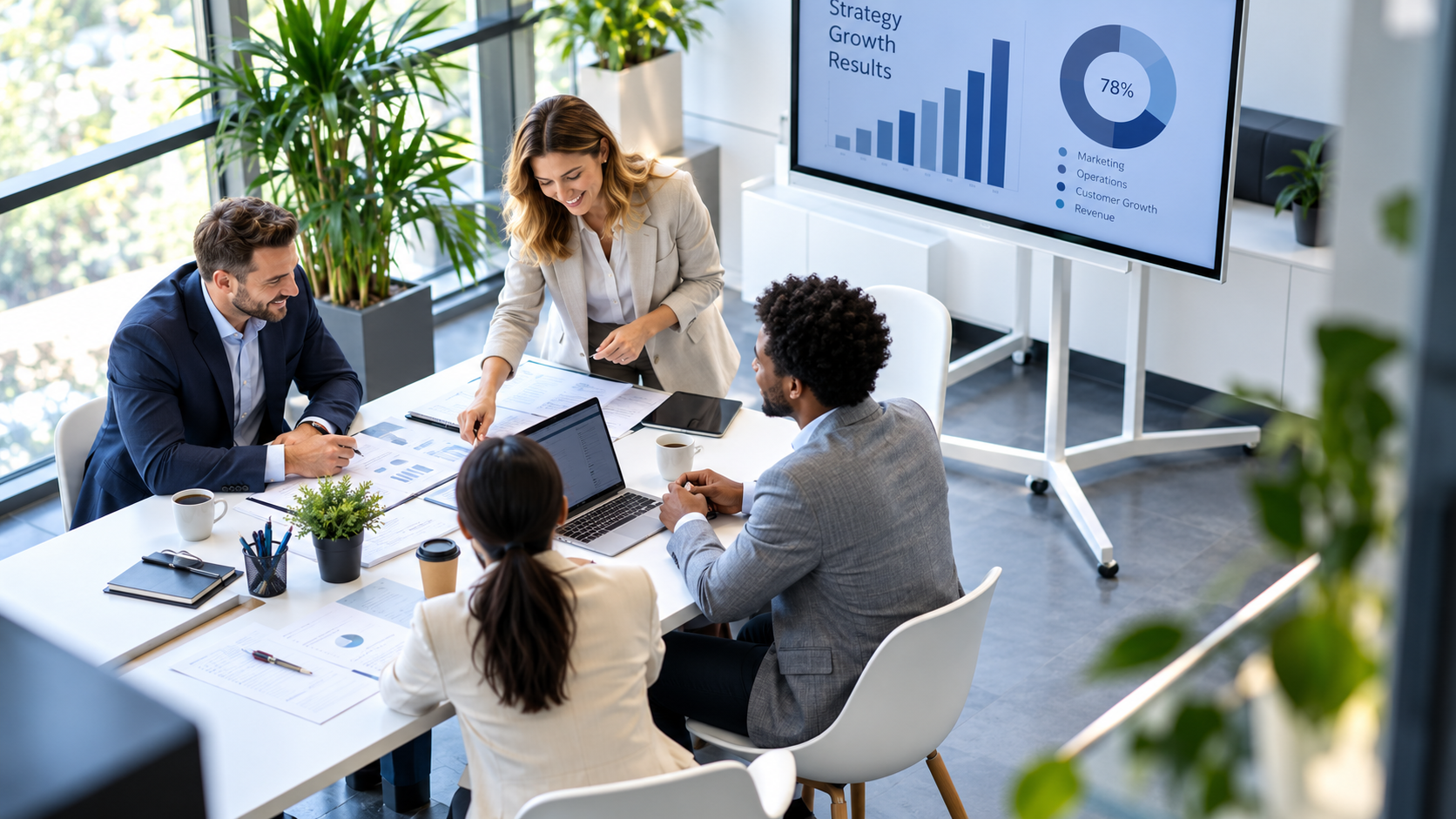 Professional services team discussing business strategy with clients in a modern office