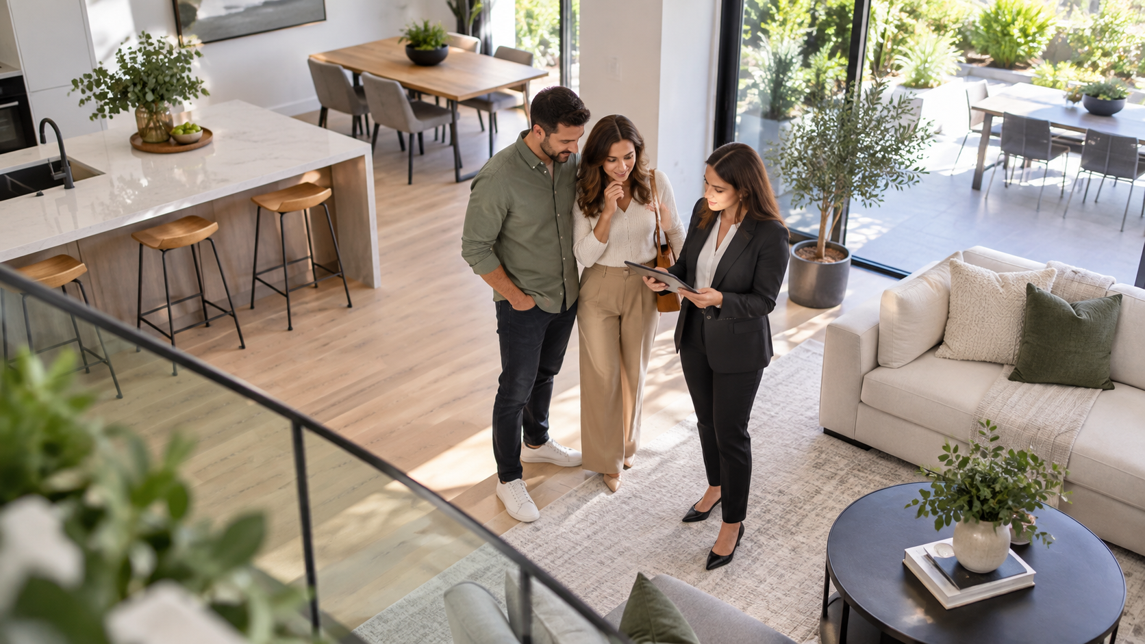 Property professional showing clients a modern residential home during a viewing