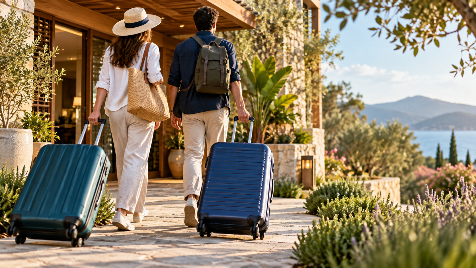 Travellers arriving with luggage at premium holiday accommodation