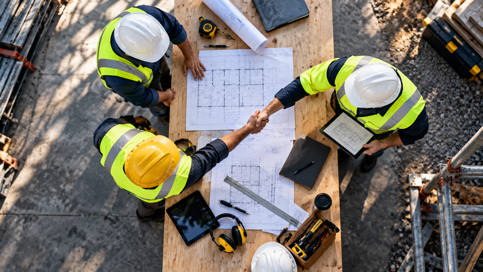 Construction professionals reviewing building plans at an active work site