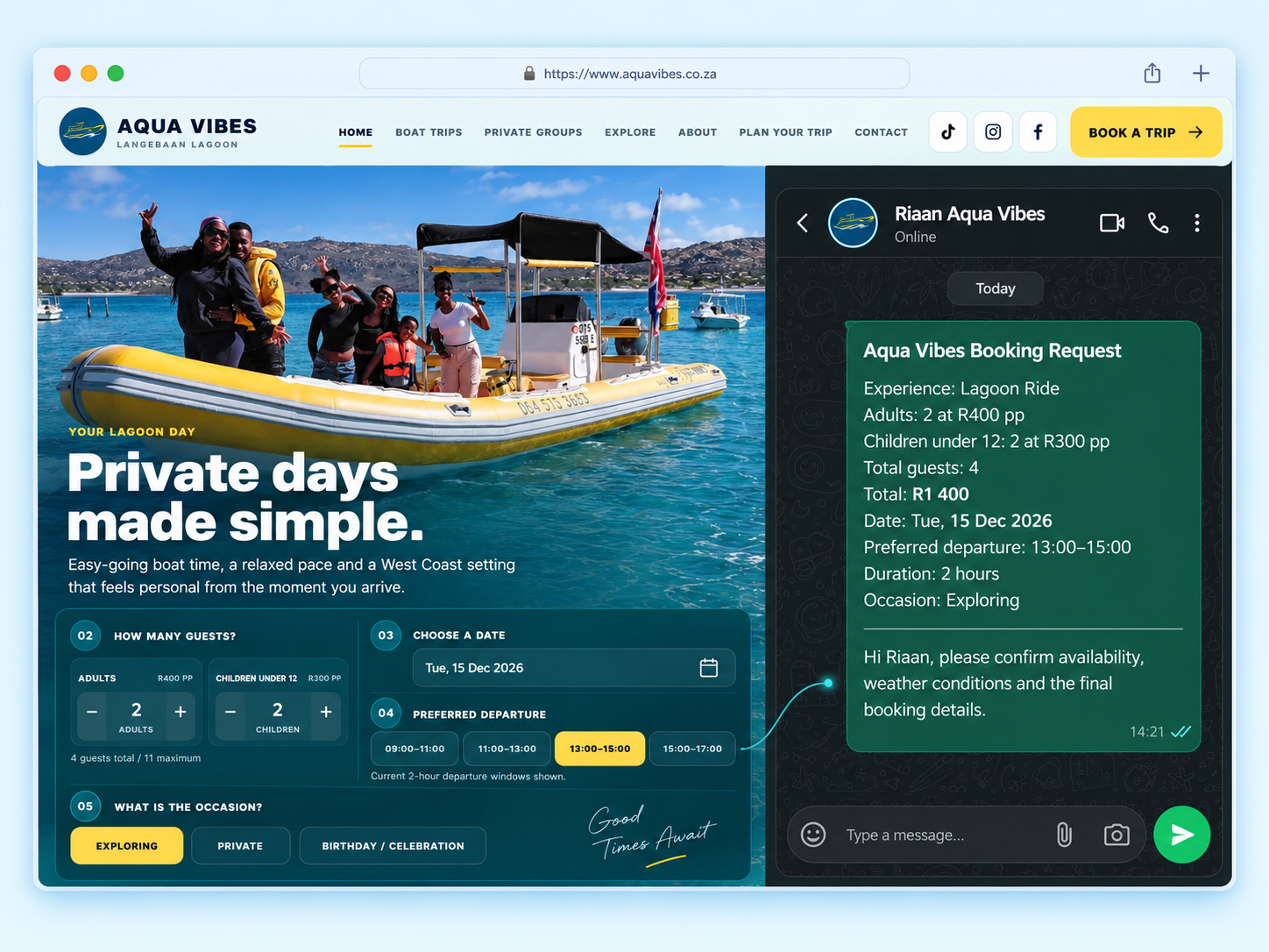 Aqua Vibes website showing a lagoon cruise experience and structured WhatsApp booking request.