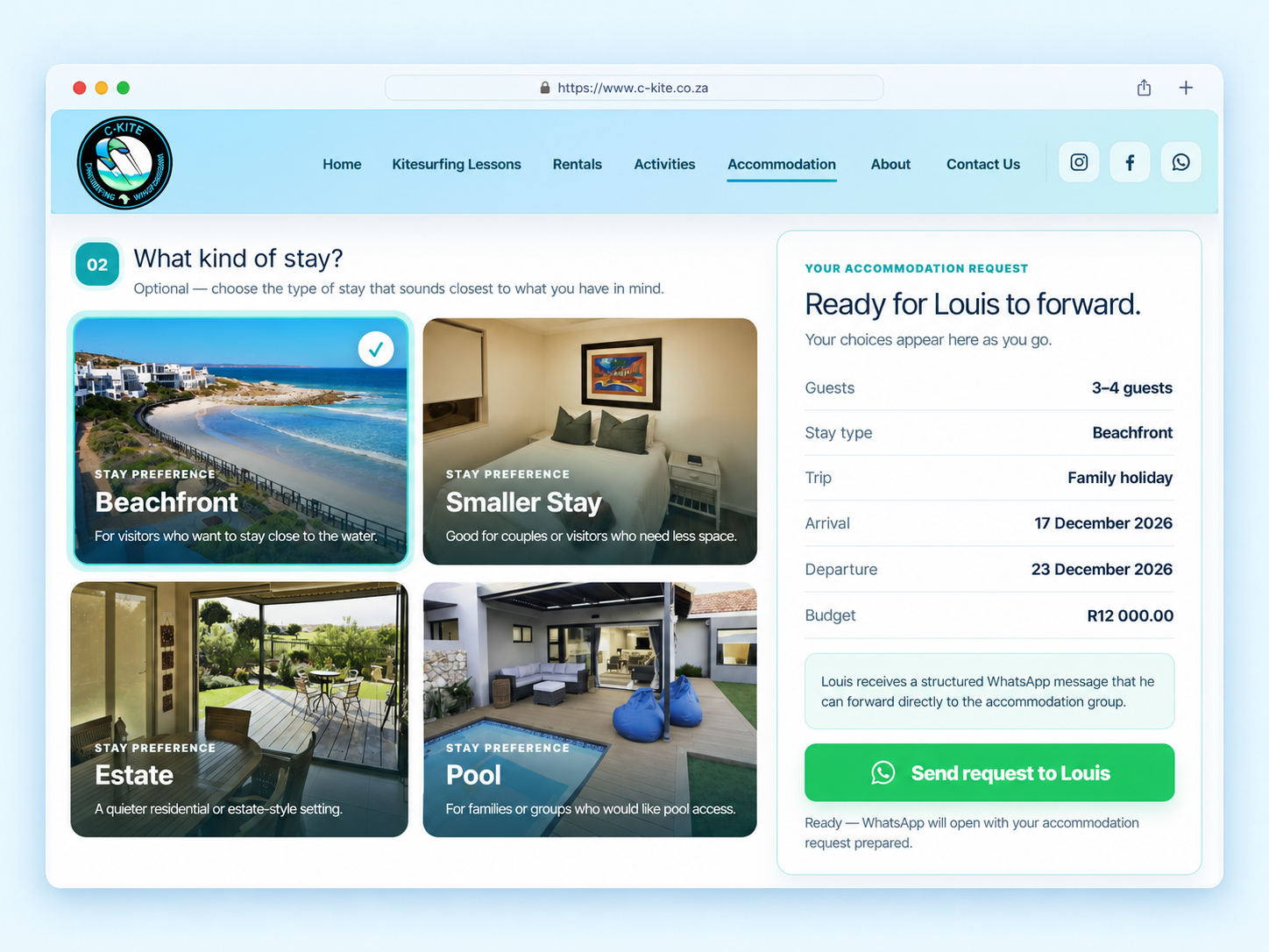 C-Kite Langebaan accommodation finder showing stay choices and a structured WhatsApp request.
